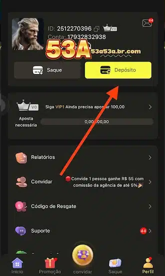 clique na seção de gerenciamento da sua conta e selecione a opção "Deposito".