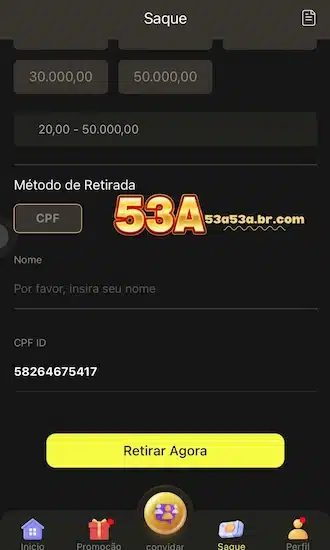 Insira o valor específico que deseja sacar e seu nome completo para verificação do sistema.